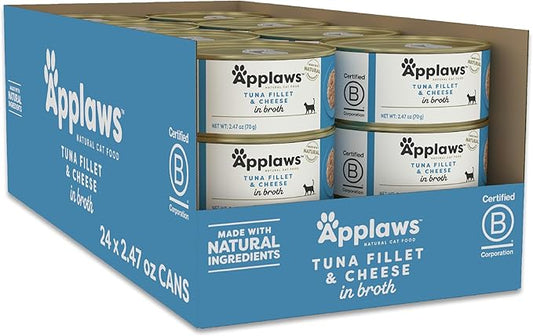 Applaws Wet Cat Food, 24 Count, Limited Ingredient Canned Wet Cat Food, Tuna Fillet with Cheese in Broth, 2.47oz Cans-PawvioPets