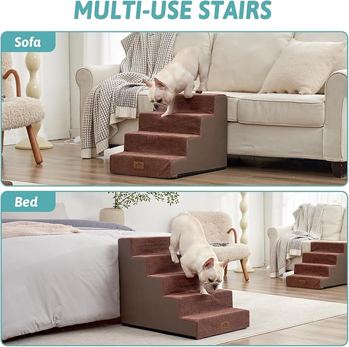 Dog Stairs for Small Dogs, 5 Tier Wider Pet Stairs for High Beds, 23.6" H Non-Slip Dog Steps for Old Cats, Puppies, Small Medium Dogs, 29.5x19.7x23.6 inch, Brown-PawvioPets