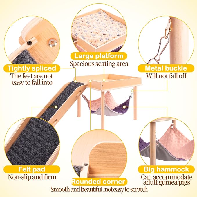 Enlarged Guinea Pig Hammock with Platform and Stairs,Wooden Small Animal Hideout for Guinea Pigs Bunny Ferret Hamster Hiding Sleeping Activities(Single)-PawvioPets