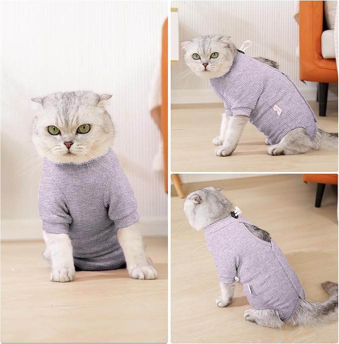 Dotoner Cat Surgery Recovery Suit for Female Male Anti-Licking Pet Surgical Pajamas Long Sleeve Prevent Shedding Cat Spay Recovery Suit&E Collar Alternative Bodysuit for Cats-PawvioPets