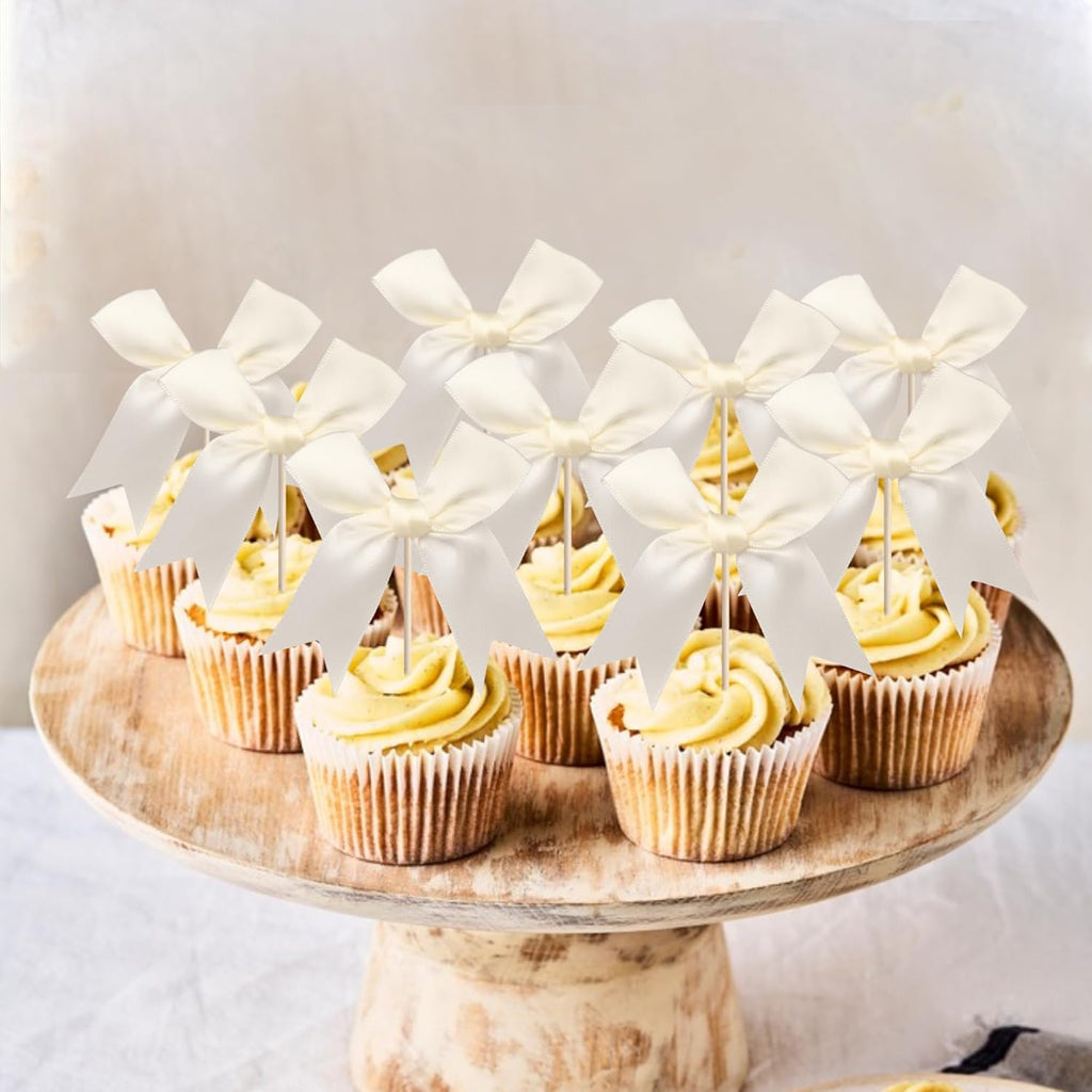 24 PCS Bow Cupcake Toppers Bowknot Coquette Bow Girls Birthday Cake Decorations Bow Cake Toppers Bowknot Cupcake Picks for Baby Shower Birthday Wedding Bridal Engagement Party Supplies Beige