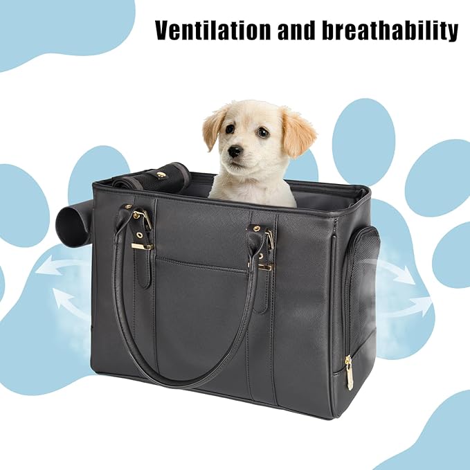 Fashion Pet Carrier Dog Purse Cat Bag Soft-Sided Carriers Travel Airline Approved, Stylish Leather Tote Handbag for Small Animal Puppy Kitten (Black)-PawvioPets
