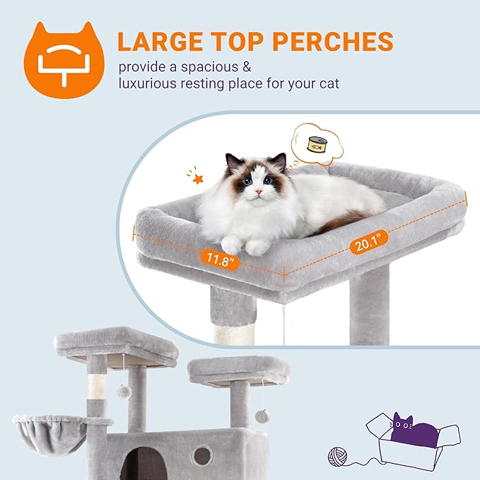 Allewie 81 Inches Tall Cat Tree/Multi-Level Large Climbing Tree House and Towers for Big Feline/Condo and Hammock/Scratching Post/Wide Base/Grey-PawvioPets