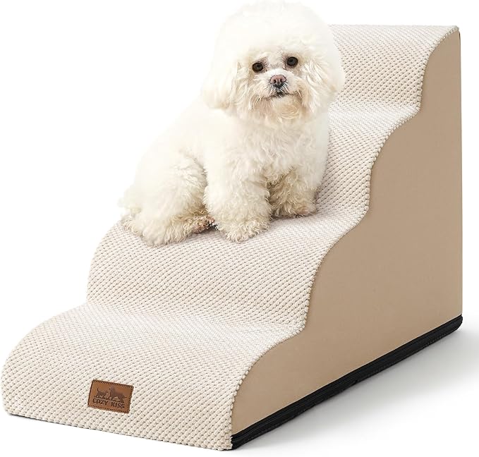 Dog Stairs for Small Dogs 19.7" H, Curved Dog Step for Puppy, Older or Cat, Medium Pet Ramp for Sofa, Couch or Bed, Ladder with High Density Foam, 15.7x28.3x19.7 inch, 4 Step, Beige-PawvioPets