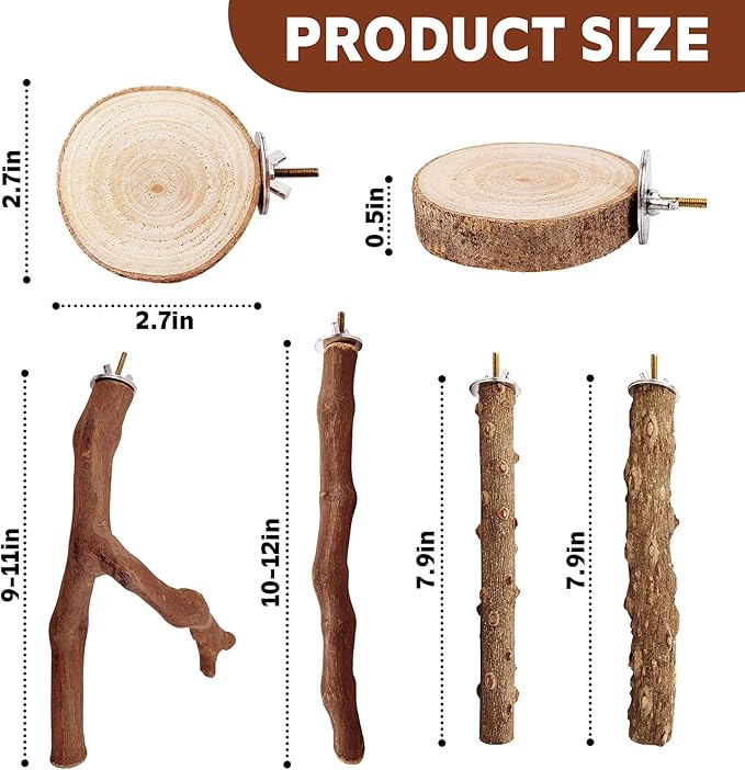 7-Piece Bird Perch Set: 3 Grapevine Paw Grinding Forks, 2 Wood Stands & 2 Hammocks - Cage Accessories for Parakeets, Cockatiels, Conures, Budgies-PawvioPets