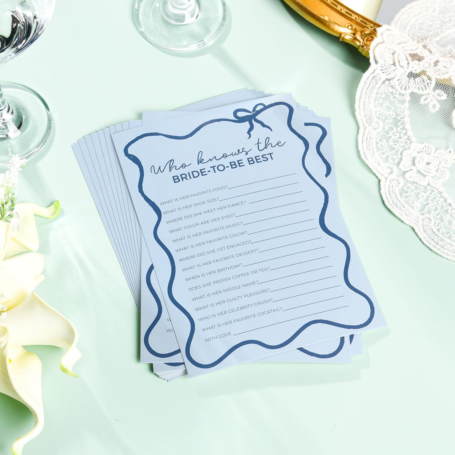 DEEKA 30 PCS Bridal Shower Games Card for 30 Guests Blue Wavy Border Ribbon Bow Funny Wedding Bachelorette Party Games for Reception (Who Knows The Bride-to-be Best)