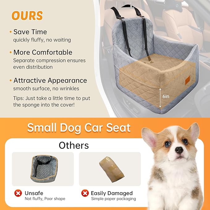 Dog Car Seats for Small Dogs, FurFrolic Memory Foam Dog Booster Seat for Small/Medium Dogs up to 35 lbs, Travel Pet Car Seat with Washable Detachable Cover, Storage Pockets, 2 Safety Belts (Gray)-PawvioPets