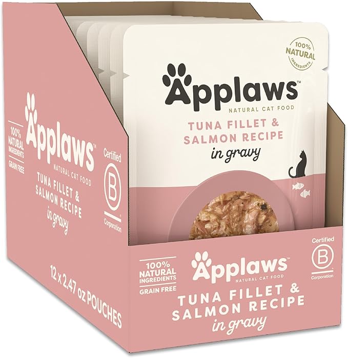 Applaws Natural Wet Cat Food in Gravy, Limited Ingredient Wet Cat Food Pouches, No Additives, Made with Natural Ingredients, Tuna with Salmon in Gravy (12 x 2.47oz Pouches)-PawvioPets
