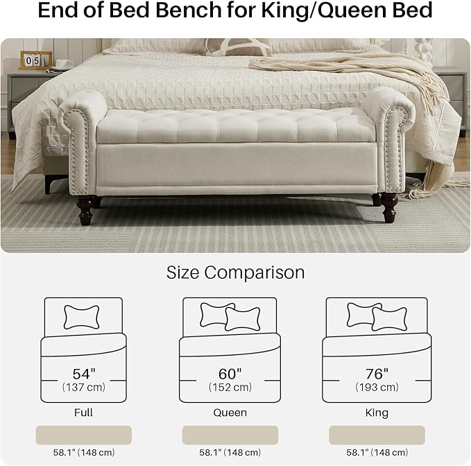 58.1'' Storage Bench Upholstered Linen End of Bedroom Bed Bench Ottoman with Tufted Cushioned Rolled Arm Large Storage Space for Reading Living Room Entryway, Beige-PawvioPets