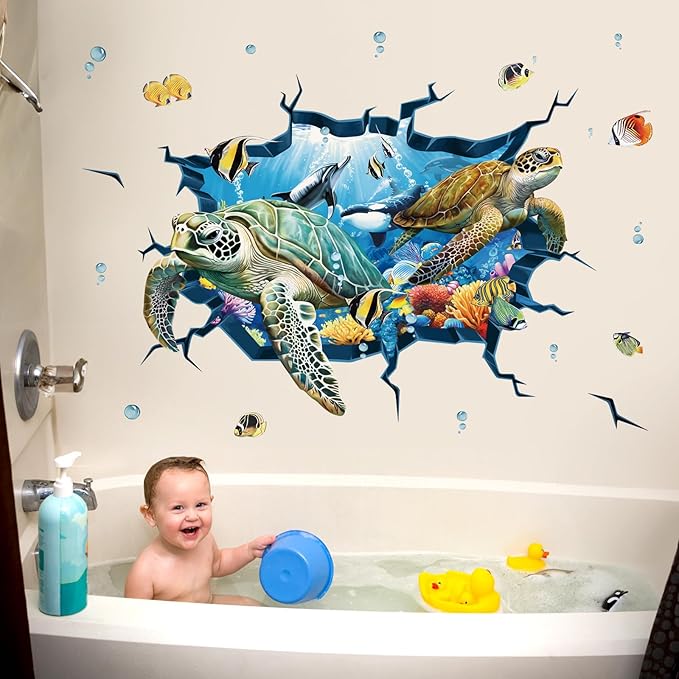 decalmile 3D Under The Sea Turtle Wall Decals Underwater Ocean Fish Broken Wall Stickers Kids Bedroom Living Room Bathroom Wall Decor-PawvioPets