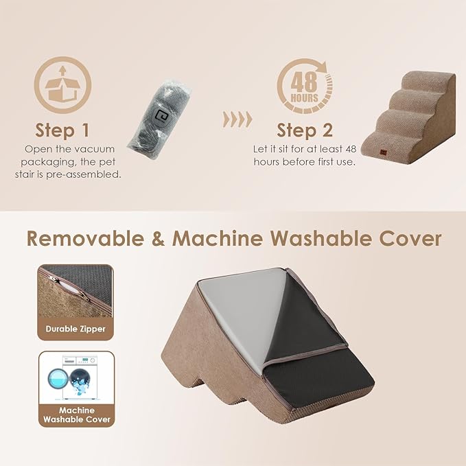 EHEYCIGA Curved Dog Stairs Ramp for High Beds 19.7" H, 4-Step Dog Steps for Small Dogs and Cats, Pet Stairs for High Bed Climbing, Non-Slip Balanced Pet Step Indoor, Camel-PawvioPets