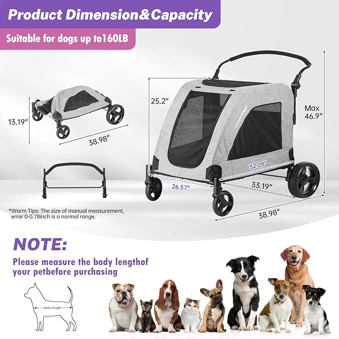 EchoSmile XL Extra Large Dog Stroller - Adjustable Handles,Lightweight Folding Pet Stroller,All-Terrain 4 Wheel for 2 Medium Dogs,Dual Entry Safety Dog Stroller,Capacity 160 lbs,Gray-PawvioPets