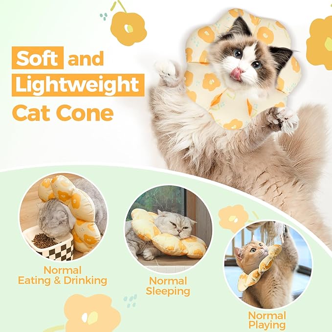ComSaf Cat Cone Collar Soft - Cat Cones to Stop Licking e Collar for Cats After Surgery, Elizabethan Collar for Kitten Recovery, Comfortable Soft e Collar Cone for Small Cats, Yellow Flowers, S-PawvioPets