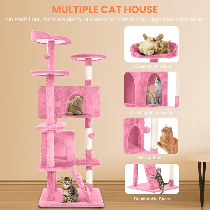54.7 inches Cat Tower for Indoor Cats, Multi-Level Cat Condos with Scratching Posts, Hanging Toys, Pink-PawvioPets