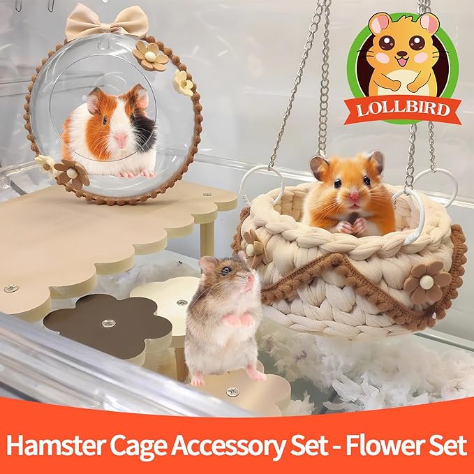 4-Pack Wooden Rat Cage Accessories - Platforms, Ladders & Hammocks Set for Chinchillas, Hamsters, Gerbils (for Iron/Wooden, Acrylic Hamster Cages + Customizable Layout) (9.1x5.6x4.3)-PawvioPets
