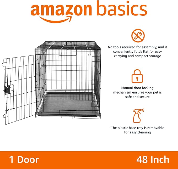 Amazon Basics Durable, Foldable Metal Wire Dog Crate with Tray, Single Door, 48 x 30 x 32.5 in, Black-PawvioPets