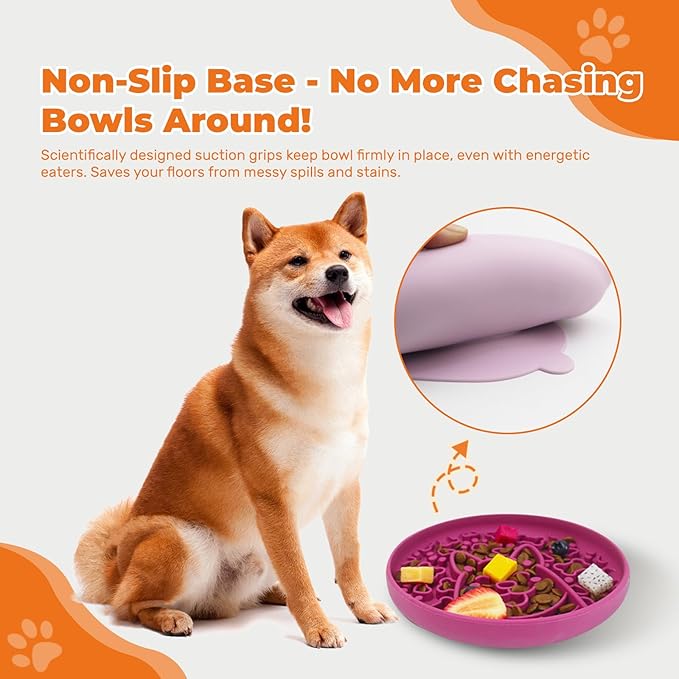 Dogs Slow Feeder Bowl,Silicone Dogs Bowl,Non-Slip Design, Puppy Pattern Interval Eating Slowly. (Peach Pink)-PawvioPets