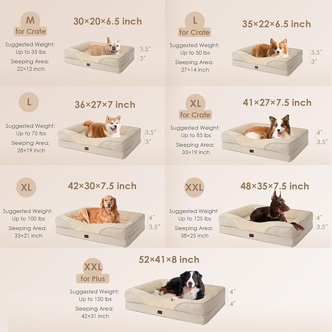 EHEYCIGA Memory Foam XL Dog Bed for XLarge Sized, Extra Large Orthopedic Dog Sofa with Sides and Waterproof Liner, Washable Bolster Pet Bed Couch with Removable Cover, 42x30x7.5 Inch, Beige-PawvioPets