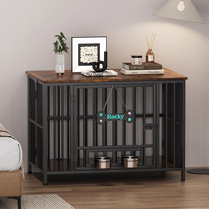 Easycom 31" Dog Crate Furniture Foldable, No Assembly Decorative Dog Kennel Indoor, Dog Crates for Small Dogs (20-40 lbs), Wooden Dog Cage with Adjustable Bowls and Name Tag, End Table, Rustic Brown-PawvioPets