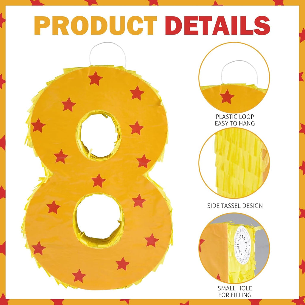 Orange and Red Star Number 8 Pinata, 16 Inch Piñata for 8th Birthday Party Decorations with Stick, Blindfold and Confetti (15.7 inch Number 8 Pinata)