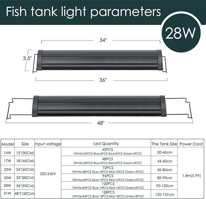 AQQA Aquarium Light,Full Spectrum LED Fish Tank Lights,12"-54" Adjustable Multi-Color White Blue Red Green LEDs with Extendable Brackets,14W-31W for Freshwater Plants (28W (36"-48"))-PawvioPets