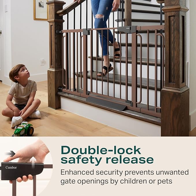 Cumbor 29.7-57" Extra Wide Baby Gate for Stairs, Mom's Choice Awards Winner-Dog Gate for Doorways, Pressure Mounted Walk Through Safety Child Gate for Kids Toddler, Tall Pet Puppy Fence Gate, Brown-PawvioPets