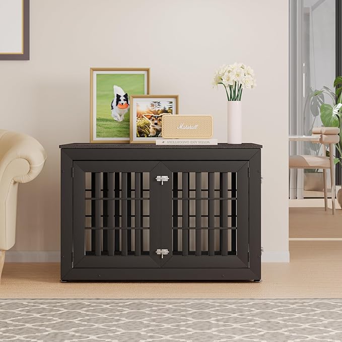 42" Heavy Duty Dog Crate Furniture for Small,Medium and Large Dogs,Rustic Wooden Dog Cage Kennel Indoor Furniture with Waterproof Top,Decorative Pet House Side End Table (Black & Grey)-PawvioPets