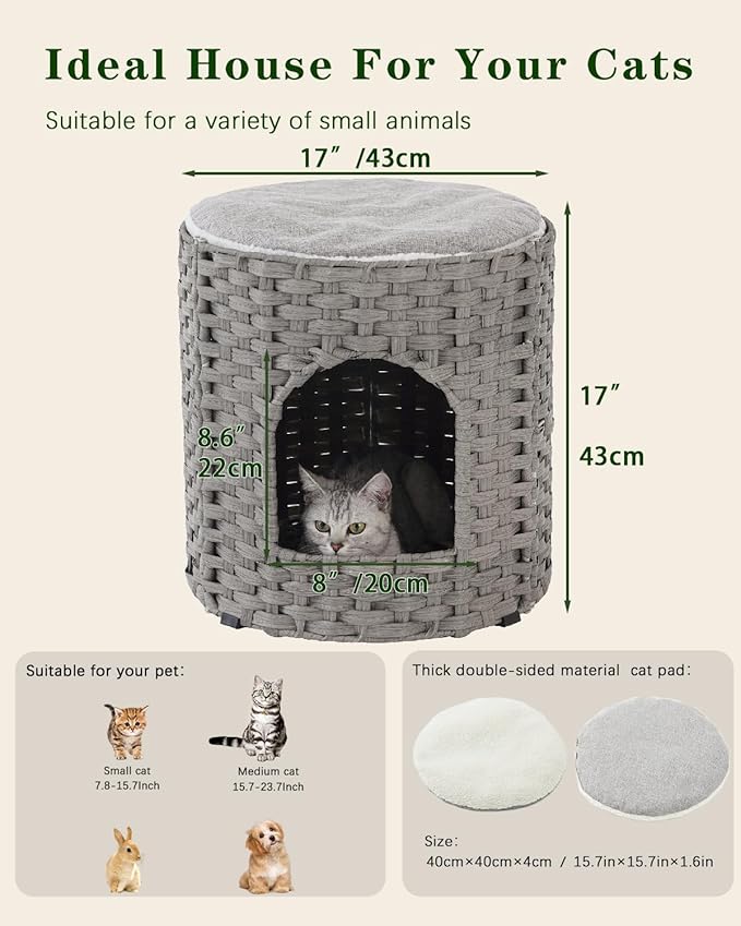 Cat House for Indoor Cat, Large Double Cat Houses Cat Bed Cave, Handwoven Rattan Pet Beds with One Soft Pad, 17 x 17 x 17 Inches Foldable Kitten Hideaway in Living Room Gray-PawvioPets