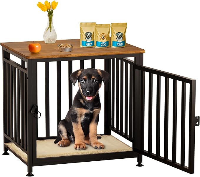 Dog Crate Furniture for Small Dogs, Dog Kennel Indoor, Anti-Chew Anti-Escape with Bed Crate Pad End Side Table Wooden Dog Crate,Steel-Tube Dog Cage, Rustic Brown-PawvioPets