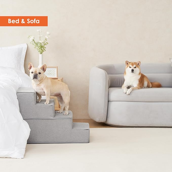 EHEYCIGA Dog Stairs for Bed 20" H, 4-Step Extra Wide Dog Steps for High Bed, Pet Steps for Small Dogs and Cats, Non-Slip Balanced Pet Ramp Indoor, Light Grey-PawvioPets