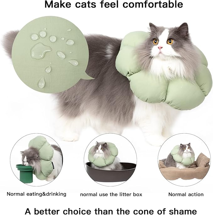 Cat Cone Collar,Cute Waterproof Cat Recovery Collar,Anti-Bite Lick Wound Healing Safety Elizabethan e Collar for Cats,Green Flower All-Season Style-PawvioPets