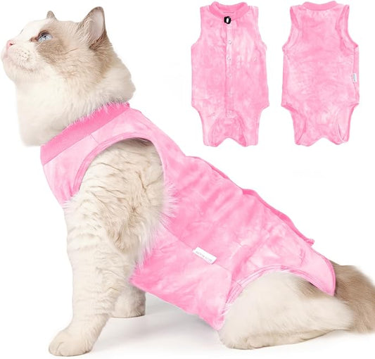 Cat Recovery Suit for Male and Female Surgical Post Surgery Soft Cone Onesie Tie Dye Cats Shirt Clothes Neuter Licking Protective Diapers Outfit Cover Kitten Spay Collar Alternative(Pink, S)-PawvioPets