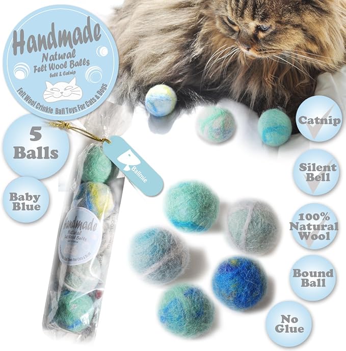 Felt Wool Cat Toys Ball with Catnip and Bell, Natural Handmade (Baby Blue (5 Units))-PawvioPets