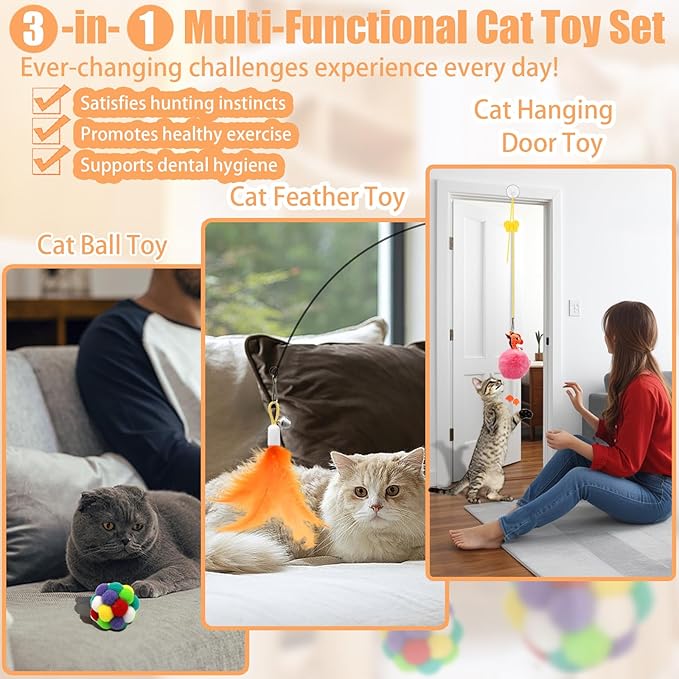 4-in-1 Interactive Cat Toys Set with Suction Cup Wand, Hanging Cat Toys, Fishing Pole Cat Wand & Kitten Balls- Includes Variety Replaceable Worms, Feathers for Indoor Bored Cats for Exercise-PawvioPets