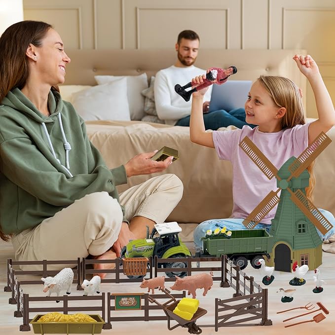82PCS Farm Animals Toys Set Comes with Tractor Trailer, Windmill, Farmer, Fence - Playset for Kids Toddlers Boys Girls 5+ Years Old-PawvioPets