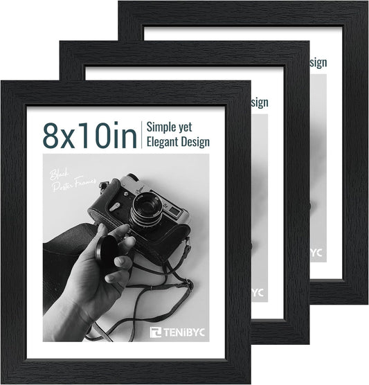 8x10 Picture Frame Set - 3 Pack, Textured Black Solid Wood, HD Tempered Glass, Gallery Photo Frame, Table or Wall Display