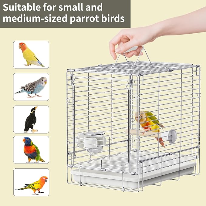 Bird Carrier Travel Cage - 304 Stainless Steel Portable Folding Bird Travel Cage with Parrot Feeder Cups & Standing Perch for Smaller Birds Conures Lovebird Cockatiel Parakeets (White)-PawvioPets
