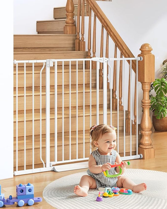 34" Extra Tall Baby Gate for Stairs, Auto Close Stroller Friendly Dog Gate Indoor for Doorways, Pressure Mounted 29"-51" W Baby Gate, Easy Walk Through Gate for Children & Pets, White-PawvioPets