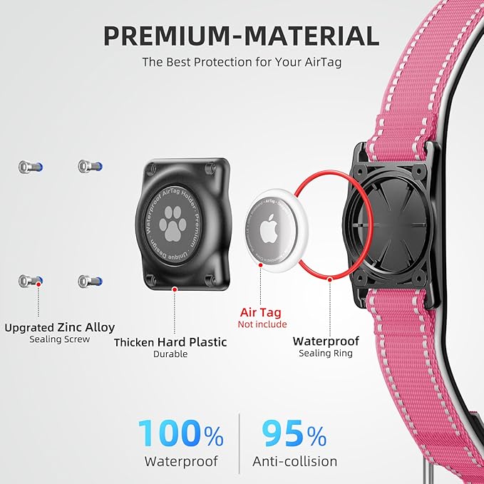 Airtag Dog Collar - 100% Waterproof Air tag Dog Collar Holder for Apple AirTag, Reflective, Soft Padded, Everlasting, GPS Dog Collar for Small Medium Large Dogs (Hot Pink, S)-PawvioPets