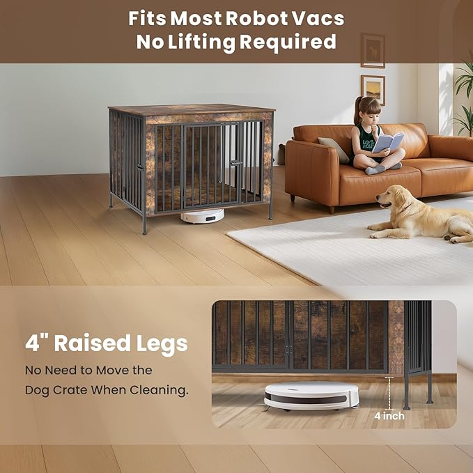 Dog Crate Furniture 40" Sturdy Heavy Duty Dog Kennel Solid Metal Tube Thick Wooden with 3 Lockable Doors Single Dog Cage Large Breed as TV Stand End Table for Large Dog Rustic Brown-PawvioPets