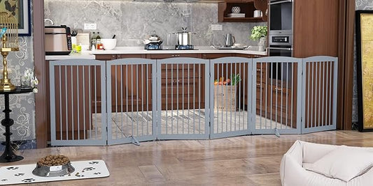 Freestanding Pet Gate for Dogs, Indoor Wooden Foldable Dog Gate for House, Extra Wide, Pet Fence for Stairs, Doorways, Halls, Support Feet Included, 120 Inch Wide, 6 Panels 32",Grey-PawvioPets
