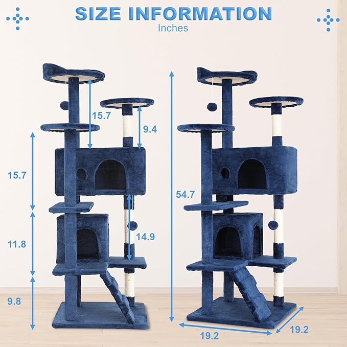 FDW Cat Tree 54in Cat Tower Multi-Level Durable Cat Scratching Post & Cozy Fun Cat Jumping Platform Space Saving Cat Condo Pet Play House for Indoor Cats,Navy Blue-PawvioPets