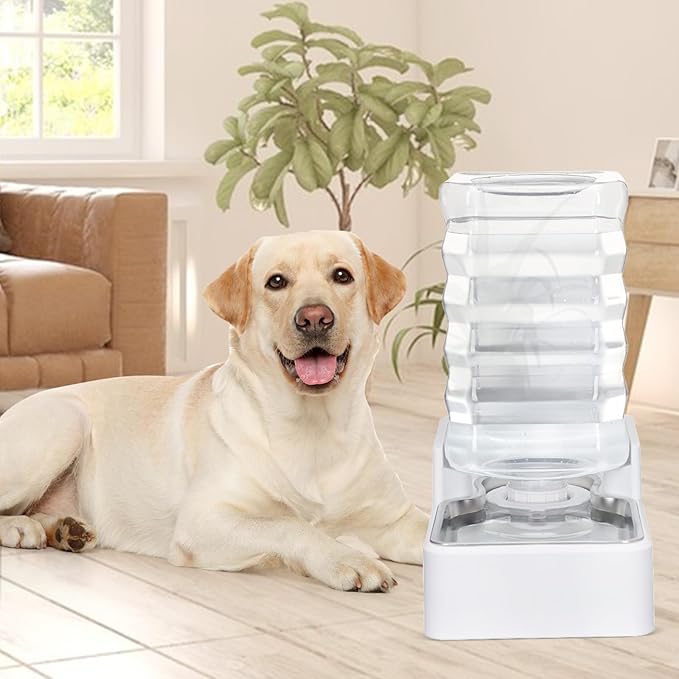 Dog Cat Water Dispenser: 8L White Upgraded Gravity Feeder with Stainless Steel Bowl - BPA-Free Large Capacity for Medium/Large Pets - Indoor & Outdoor Use-PawvioPets