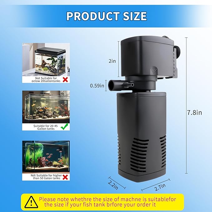 Fish Tank Filter for 15-40 Gallon Tank, 160 GPH Crystal Clear Powerful Internal Aquarium Filters Submersible Pump& Filter System for Fish Tank & Turtle Tank-PawvioPets
