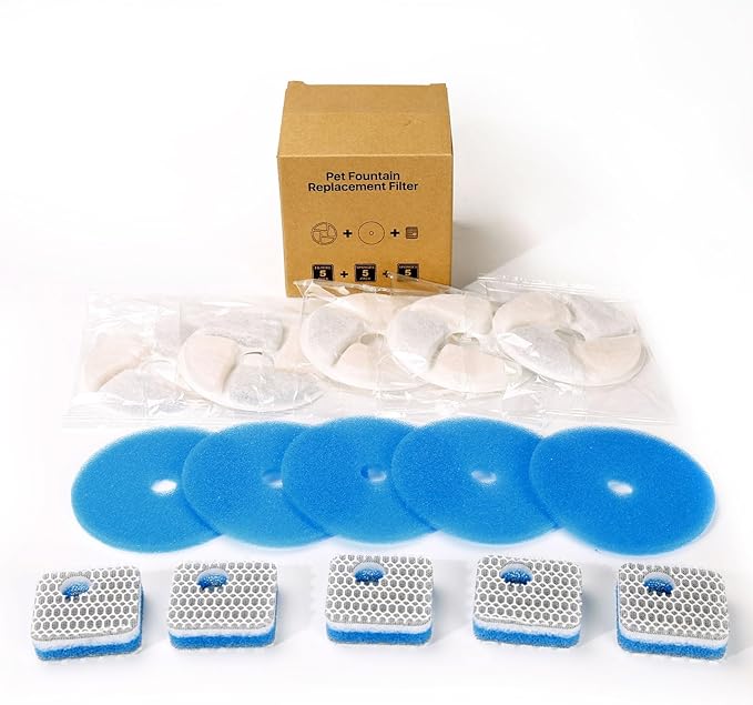 5 Set Cat Water Fountain Filter Replacement for Square 2.2L/73oz Stainless Steel Cat Fountain, ZEKIRY Pet Fountain Filter, Triple Filtration Replacement Filters(5 Filter, 5 Sponge, 5 8D Sponge)-PawvioPets
