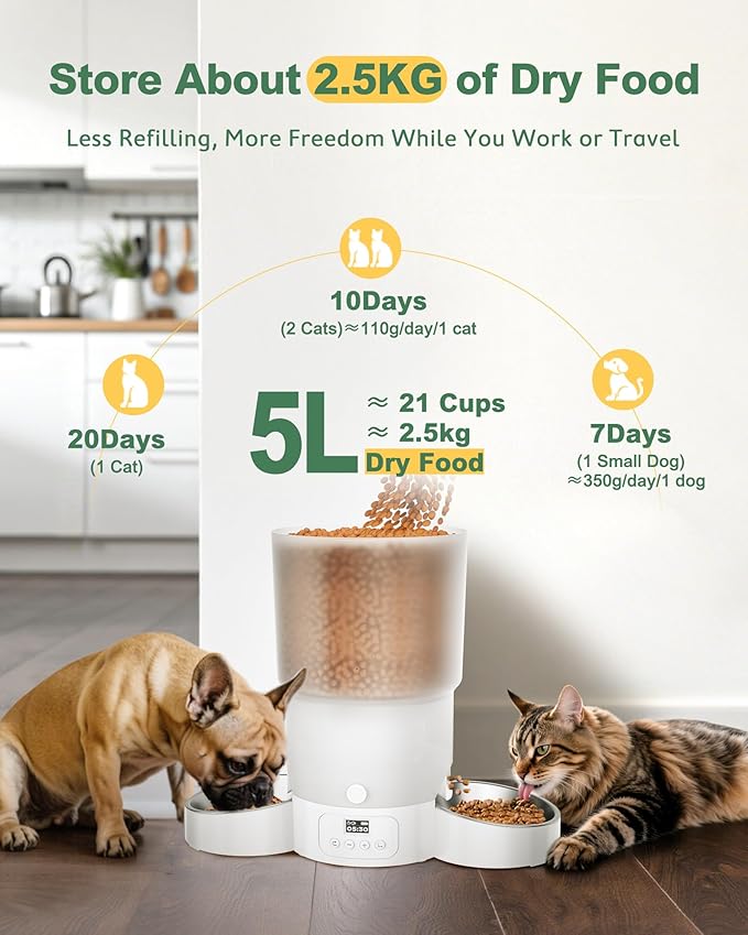 Gimars 5L Automatic Cat Feeder for 2 Cats, Programmable 1-6 Meals Cat Food Dispenser with Stainless Steel Bowl, Easy Setup, Dual Power Supply,10s Meal Call Timed Pet Feeder for Cats and Small Dogs-PawvioPets
