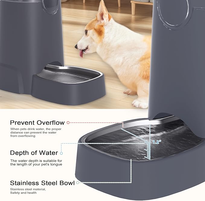 8L Automatic Pet Waterer,Gravity Stainless Steel Water Feeder,Gravity Pet Water Dispenser,Large Capacity Waterer with Stainless Steel Bowl for Medium and Large-Sized Cats and Dogs(8L,Grey)-PawvioPets