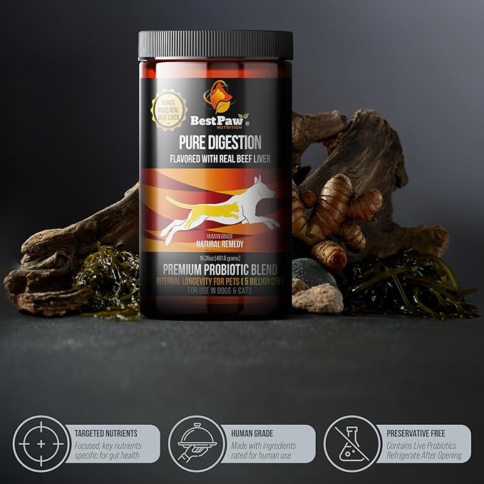Dog & Cat Premium Probiotic Prebiotic & Digestive Enzymes 5 Billion CFU Organic Turmeric Coconut Oil Pure Pumpkin & Kelp for Healthy Bowels Gut & UTIs Beef Liver Flavor-PawvioPets