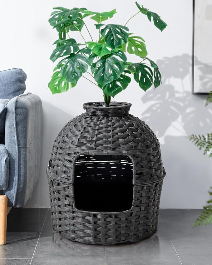 Cat Litter Box Plant Furniture Enclosure, Hidden Handwoven Rattan with Cat Litter Box and Artificial Plants, Odor Control Filter, Real Stones in Living Room, Bedroom, Corner (Black)-PawvioPets