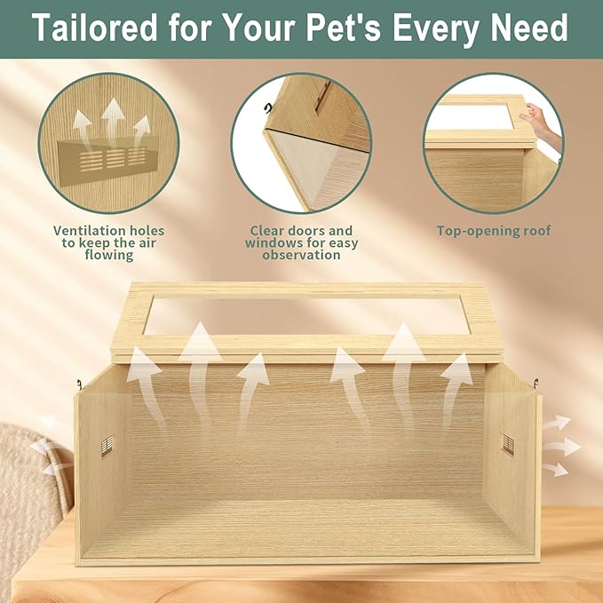 32" Hamster Habitat Enclosure, Top Opening Lockable Roof Door, Gerbil Dwarf Hamster Cage with Hygrometer, Chewproof Syrian Hamster Cage for Mice, Small Animal, (Wooden, 32" L x 16" W x 16" H)-PawvioPets